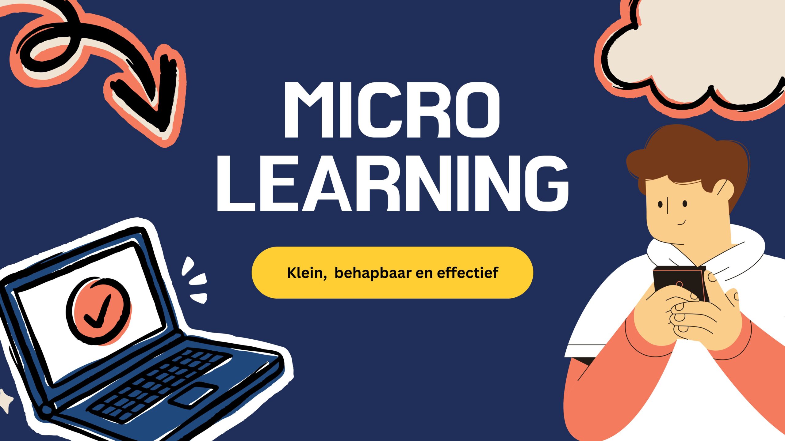 Illustratie van een man die een mobiel gebruikt met een denkwolkje boven zijn hoofd, terwijl er in de hoek een laptop staat, als symbool voor leren 'on the go' via microlearning.